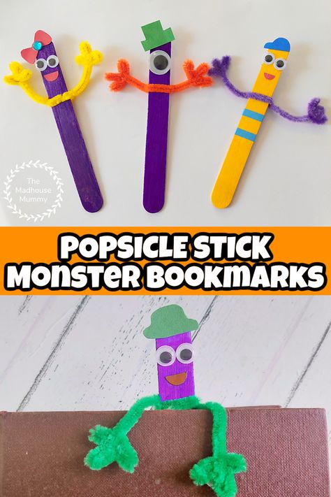 a fun and easy popsicle stick halloween craft for kids. make your own little popsicle stick monster bookmarks with this fun craft idea for children. #monstercraftsforkids Puppet Popsicle Stick, Popsicle Stick Monster Craft, Monster Popsicle Sticks, Arts And Crafts Popsicle Sticks Ideas, Popsicle Stick Monsters, Popsicle Stick Bookmarks Diy, Crafts With Popsicle Sticks Kids, Ice Cream Bookmark, Easy Popsicle Stick Crafts For Kids