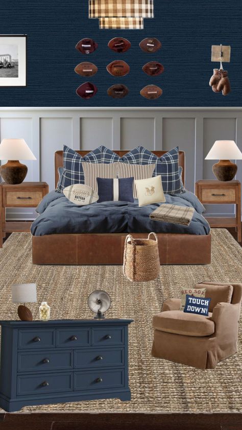 Ralph Lauren Boys Room, Boys Sports Bedroom Ideas, Boy Apartment, Ralph Lauren Bedroom, Sports Room Boys, Shared Boys Rooms, Boy Sports Bedroom, Boy Room Themes, Toddler Boy Room Decor