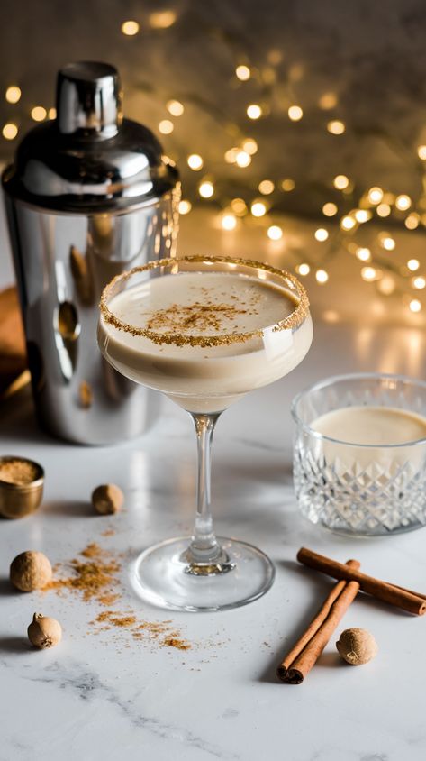 Festive holiday eggnog martini with gold sugar rim on marble countertop, nutmeg, cinnamon sticks, eggnog bowl and silver shaker in background Eggnog Espresso Martini Recipe, Eggnog Martini Recipe Vanilla Vodka, Cocktails With Eggnog, Eggnog Espresso Martini, Eggnog Martini Recipe, Eggnog Cocktails, Eggnog Martini, Cozy Hot Drinks, Eggnog Cocktail