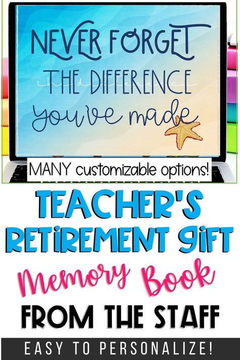 This beautiful retirement gift for a teacher is the perfect way to say goodbye and congratulations. A watercolor memory book filled with staff memories will be sure to impress any retiree! Teacher Retirement Poster Ideas, Teacher Retirement Scrapbook Page Ideas, Cricut Retirement Projects, Teacher Leaving Gift From Staff, Retirement For Teachers Ideas, Teacher Retirement Ideas From Students, Teacher Retirement Countdown Ideas, Retiring Teacher Quotes, Scrapbook Ideas For Retirement