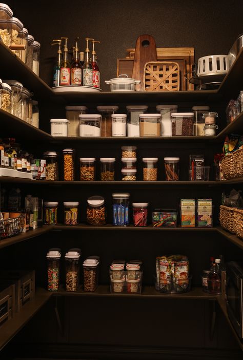 Our Rich Brown Pantry Makeover! - Chris Loves Julia Black Pantry Walls, Urbane Bronze Pantry, Van Dyke Brown Sherwin Williams, Pantry Paint Ideas, Staircase Closet, Pretty Pantry, Dark Brown Kitchen, Painted Pantry, Dream Pantry