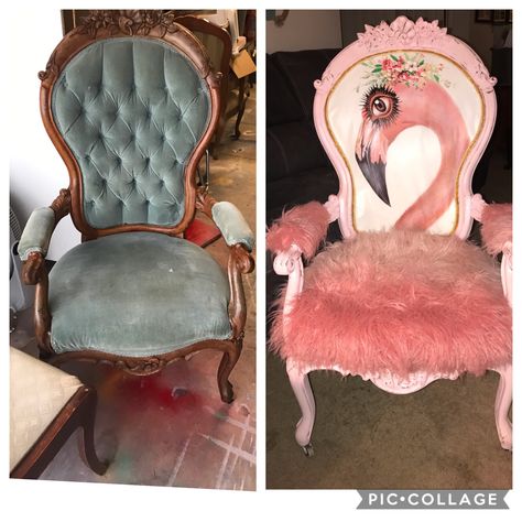 Refinished vintage chair turned flamingo chair Chair Decoupage, Flamingo Chair, Upcycle Home, Patchwork Furniture, Diy Furniture Upholstery, Bookshelf Chair, Hand Painted Chairs, Revamp Furniture, Bathroom Decor Themes