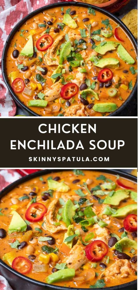 Chicken Enchilada Soup – Skinny Spatula Gluten Free Chicken Enchiladas, Chicken Enchilada Soup Crock Pot, Healthy Chicken Enchiladas, Enchilada Soup Recipe, Creamy Chicken Enchiladas, Chicken Enchilada Soup, Enchilada Soup, Chicken Enchilada, Soup And Stew