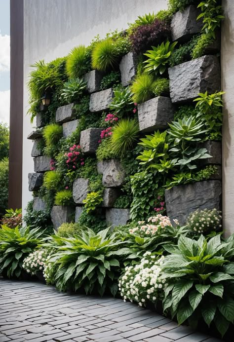 Outdoor Garden Landscaping, Vertical Rock Garden, Outdoor Garden Design Ideas, Rock Wall Landscaping, Rockery Garden Ideas, Stone Garden Ideas, Plant Decor Outdoor, Rock Design Ideas, Landscape Garden Ideas