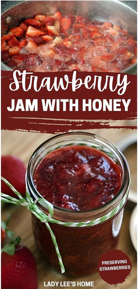 Strawberry jam with honey and strawberry recipes & preserving strawberries blend perfectly in this delightful recipe. Discover how to make jam without pectin, using just strawberries, honey, and chia seeds for a healthier twist. This easy-to-follow recipe is great for beginners and preserves the fresh flavors of summer beautifully. Find more fruit preserves, home canning recipes, and water bath canning recipes at ladyleeshome.com Homegrown Strawberry Recipes, Home Made Strawberry Jam, Strawberry Canning Recipes, Strawberry Jam Recipe Canning, Strawberry Jam With Honey, Healthy Strawberry Jam Recipe, Preserving Strawberries, Strawberry Jam Recipe With Honey, Strawberry Recipes Canning