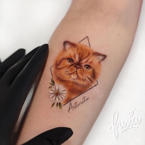 Orange Cat Portrait Tattoo, Pet Portrait Tattoo Placement, Cat Head Tattoo, Orange Cat Tattoo, Tattoo Gato, Cat Portrait Tattoos, Cat Tattoo Ideas, Persian Tattoo, Empowering Tattoos