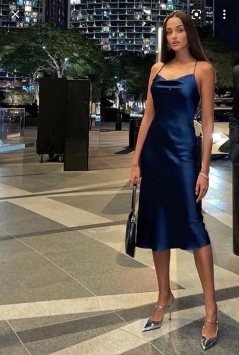 Semi Formal Dresses Dark Blue, Deep Blue Silk Dress, Navy Blue Satin Dress Short, Satin Navy Dress, Navy Blue Slip Dress Outfit, Dark Blue Fashion Aesthetic, Blue Silk Dress Outfit, Blue Slip Dress Outfit, Dark Blue Dress Aesthetic