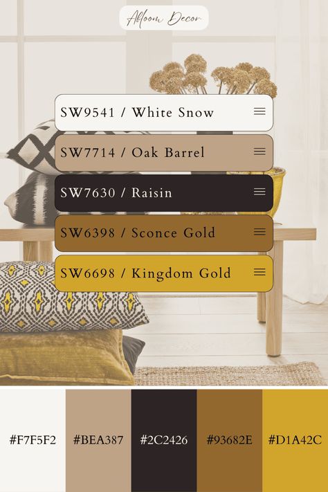 Mustard Yellow Color Palette with Hex Codes and Paint Colors Yellow Ochre Walls, What Colors Go With Mustard Yellow, Ochre Color Scheme, Mustard Yellow Bathroom Ideas, Mustard Yellow Color Palette, Mustard Color Palette, Dark Academia Color Palette, Dark Academia Color, Color Palette With Hex Codes