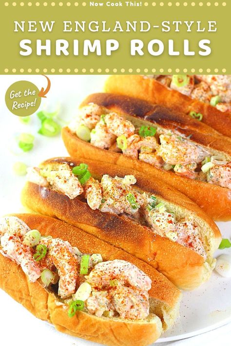 These easy New England Style Shrimp Rolls have big chunks of tender shrimp and crunchy celery and green onions tossed in a creamy dressing made with mayonnaise, lemon juice, dill, tarragon, and Old Bay seasoning. Then it's all piled onto warm and buttery toasted buns. Ready to eat in just 30 minutes! Get the recipe and give them a try! Shrimp Rolls Sandwich, Gourmet Sandwiches Recipes, Summer Shrimp Recipes, Old Bay Shrimp, Summer Shrimp, Crab Rolls, Shrimp Rolls, Creamy Dressing, Best Seafood Recipes