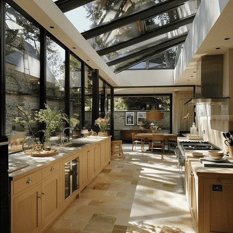 How To Design An Earthy Kitchen That Feels Like A Warm Hug From Nature - Edward George Extension Veranda, Earthy Kitchen, Conservatory Kitchen, Skylight Kitchen, Glass Extension, Transitional Decor Kitchen, House Extension Design, House Extension, Kitchen Extension