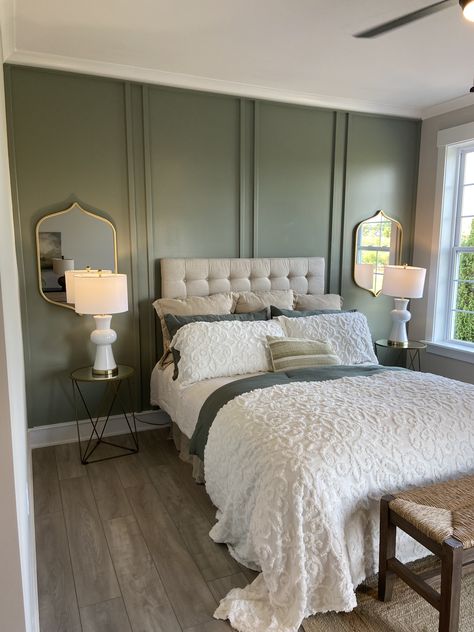 Bedroom Panelling Behind Bed, Olive Green Wall Panelling, Green Wall Panelling Bedroom, Olive Green Bedroom Panelling, Green Bedroom Panelling, Green Panelled Wall, Green Panelling Bedroom, Green Wall Panelling, Sage Green Room Ideas Bedroom