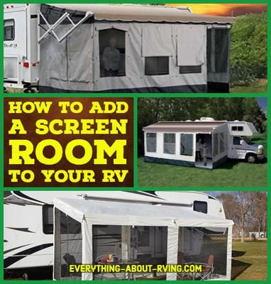 How to Add a Screen Room to Your RV: I would like to add a screen room to the awning on my RV. How do I choose one?  ANSWER: Hi Ed, ordering an Carefree Screen Rooms (pictured at the top of Add A Room Trailer Campers, Rv Screen Rooms, Camper Upgrades, Camping Gear Gadgets, Camper Awnings, Camper Organization, Caravan Awnings, Adventure Ideas, Rv Makeover