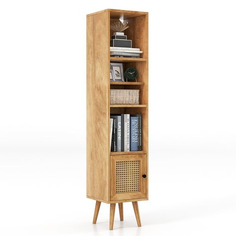 Enhance the beauty of your bedroom with this boho style storage cabinet! The classic rattan decorated bookshelf is both practical and visually appealing, providing a contrast to the wood grain. Featuring 3 open shelves and single door cabinet, the tall storage cabinet can help you better allocate and organize supplies. More, there is 12-position adjustable shelf to meet different storage requirements. For reliable structure, the anti-falling devices can attach the cabinet to the wall firmly, avo Narrow Book Shelf, Decorated Bookshelf, Building A Bookshelf, Accent Bookshelf, Boho Bookshelf, Rattan Bookshelf, Rattan Storage Cabinet, Decorative Storage Cabinets, Vertical Bookshelf