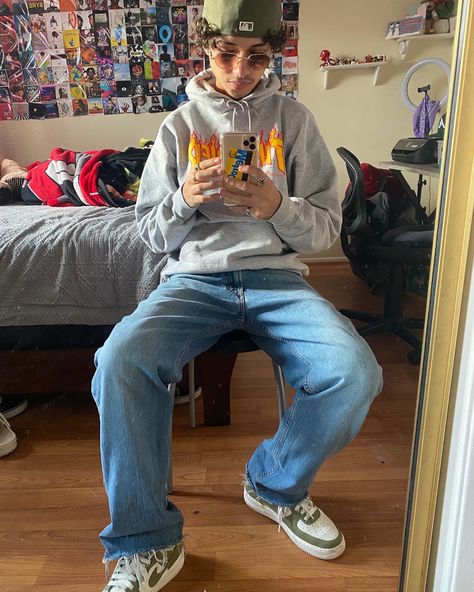 505 levis jeans, custom olive green airforce, grey thrasher hoodie, olive green fitted hat, glasses Grey Thrasher Hoodie Outfit, Olive Hat Outfit, Green Fitted Hat Outfit Men, Olive Green Hat Outfit, Green Cap Outfit Men, Green Hat Outfit Men, Thrasher Hoodie Outfit, Green Fits Men, Caps Outfit Men