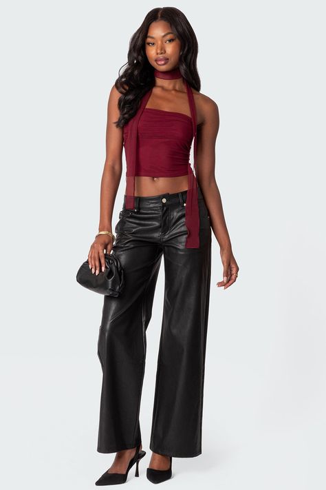 Two piece top Strapless fit Gathered detailing Matching scarf Mesh fabric Polyester, Spandex Model wears size S Model height is 5'9 Item care: Wash with similar color Leather Pants Low Rise, Low Waist Leather Pants, Low Rise Black Pants Outfit, Edikted Leather Pants Outfit, Wide Leg Leather Pant, Leather Pant Outfits, Low Rise Leather Pants, Leather Straight Leg Pants, Mesh Scarf