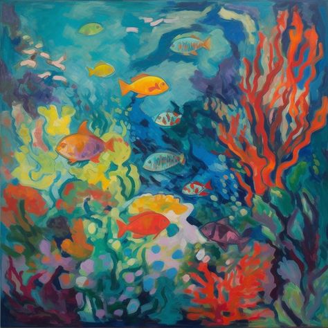 Aquatic Life Art, Oil Painting Underwater, Watercolor Underwater Scene, Oil Pastel Sea Creatures, Ocean Creatures Painting, Vibrant Watercolor Paintings, Underwater Scene Painting, Painting Ideas Underwater, Underwater Painting Ideas