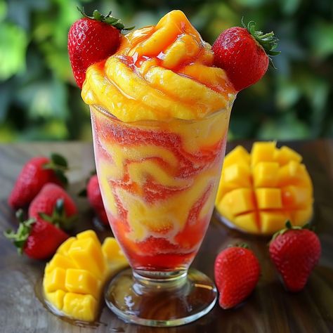 Fresh Mango Strawberry Swirled Slushies Pineapple Strawberry Swirled Slushies, Mango Slushie, Mango Slush, Lemonade Slush, Strawberry Slush, Mango Lemonade, Pineapple Strawberry, Strawberry Juice, Frozen Lemonade