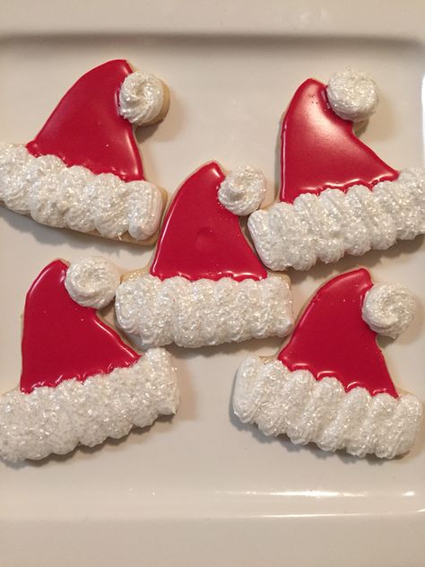 Santa Hat Sugar Cookies, Christmas Hat Cookies, Santa Hat Cookies Decorated, Santa Hat Cookies, Santa Sugar Cookies, Christmas Cookies Santa, Favorite Christmas Desserts, Christmas Cutout Cookies, Christmas Sugar Cookies Decorated