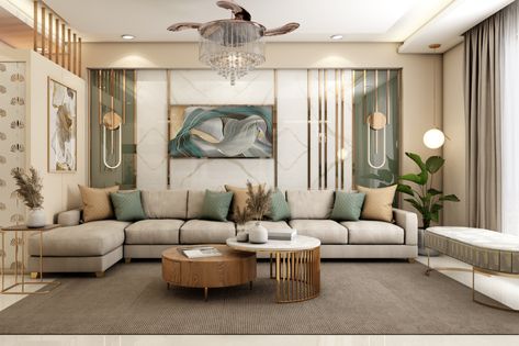 Warm Beige Living Room, Beige Colour Scheme, The Ceiling Design, Low Floor Bed, Unique Accent Wall, Teal And Beige, Beige Living Room, Lacquered Glass, Fan Chandelier