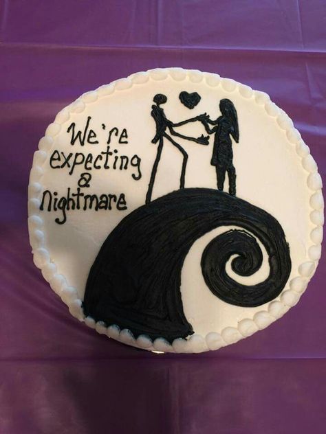 Cute gender reveal cake! Horror Theme Gender Reveal, Jack Skellington Gender Reveal, Tim Burton Gender Reveal, Emo Gender Reveal, Adams Family Gender Reveal, Gender Reveal Cake Halloween, Nightmare Before Christmas Gender Reveal Ideas, Goth Gender Reveal Ideas, Jack Or Sally Gender Reveal