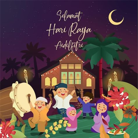 Hari Raya Poster, Hari Raya Illustration, Aidilfitri Design, Malaysia Illustration, Raya Design, Ramadan Illustration, Hari Raya Aidilfitri, Raya Aidilfitri, Hari Raya Idul Fitri