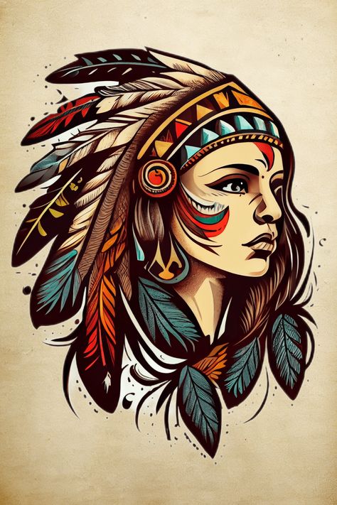 Indigenous Tattoo Native Americans, Apache Tattoo Design, Native American Woman Tattoo, Native American Drawings, Native American Tattoos For Women, Native American Woman Art, Art Traditional Tattoo, Usa Drawing, Native Drawings