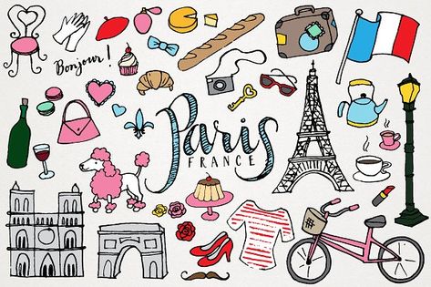 Paris France Clipart & Illustrations by Lemonade Pixel on @creativemarket French Doodles Drawings, French Clipart, France Landmarks, City Clipart, Paris Clipart, Eiffel Tower Drawing, Eiffel Tower France, French Flag, France Drawing