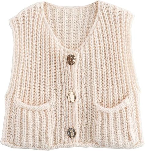 Hixiaohe Womens Crochet Chunky Knit Top Sleeveless Button Down Crop Tops Trendy Cardigan Sweater Vest for Women with Pockets at Amazon Women’s Clothing store Chunky Knit Top, Trendy Cardigans, Sleeveless Sweater Vest, Pullover Mode, Cardigan Sweater Vest, Casual Chique, Cardigan Casual, Open Front Sweater, Pocket Cardigan