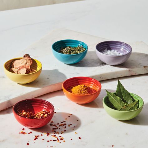 Sauces And Dips, Le Creuset Set, Enameled Cast Iron Cookware, Pinch Bowls, Le Creuset Stoneware, Individual Servings, Homemade Seasonings, Pinch Pots, Spices And Herbs