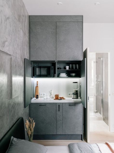 Hotel Kitchenette, Office Kitchenette, Kitchenette Design, Waiting Room Design, Small Office Design Interior, Small Kitchenette, Tiny House Furniture, Mini Apartments, Hidden Kitchen