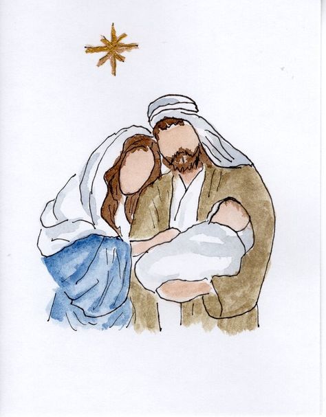 Christmas Drawing Jesus, Manger Scene Watercolor, Christian Christmas Drawings, Nativity Scene Drawing Simple, Jesus Birth Drawing, Watercolor Nativity Christmas Cards, Nativity Scene Watercolor, Watercolor Manger Scene, Watercolor Nativity Scene