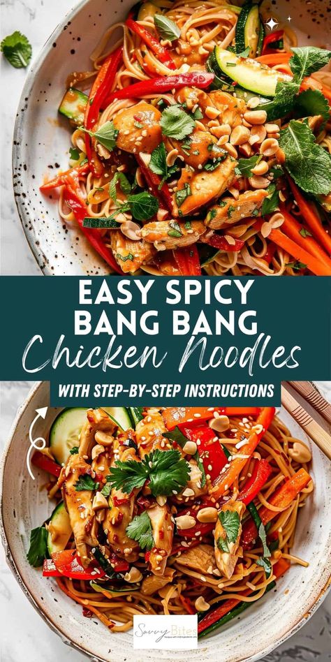 Make these flavorful spicy noodles with bang bang chicken for a delicious Asian-inspired meal. This easy recipe uses Aldi ingredients and is a must-try for noodle lovers. Dinner Recipes With Rice Noodles, Bang Bang Noodles Recipe, Bang Bang Noodles, Asian Chicken Noodle Recipes, Easy Asian Dinner Recipes, Rice Noodles With Chicken, Chicken Rice Noodle, Aldi Meals, Quick And Easy Weeknight Dinners