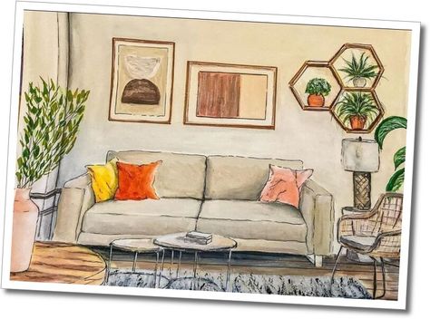 [AffiliateLink] 85 Living Room Table Drawing Guides To Find Out Quickly #livingroomtabledrawing Living Room Designs One Point Perspective, Drawing Room Interior Colour, Watercolor Interior Perspective, Living Room Drawing Illustration, Living Room Sketch Perspective, Living Room One Point Perspective, Room Sketch Drawing, Interior Design Living Room Sketch, Room Sketches Interior