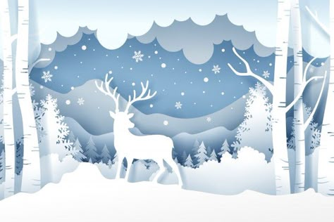 Premium Vector | Christmas and deer in forest with snow in the winter season Snow Paper, Shadow Light Box, Christmas Shadow Boxes, Paper Cutout Art, 3d Shadow Box, Vector Christmas, 3d Paper Crafts, Paper Cut Art, Christmas Illustration