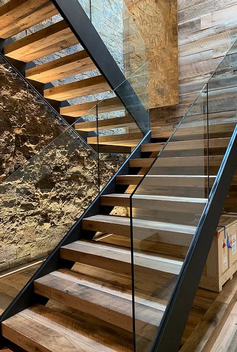 Menendez Architects | Meadow House | Architecture Colorado Stairs Wall Design, Meadow House, Santorini House, Swiss Ski, Wooden Staircase, Stairs Design Interior, Contemporary Barn, Stairway Design, Stairs Design Modern