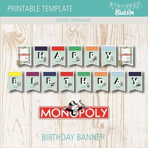 This free printable Monopoly birthday banner template is the perfect way to decorate a Monopoly themed party. The free banner template features elements true fans of the game will appreciate. Weve included a background inspired by the board game places and additions like monopoly money and the placers. There are 15 different banner pieces to  #50thbirthday #50th #birthday #bbq Monopoly Svg Free, Monopoly School Theme, Board Games Theme Party, Monopoly Party Theme, Monopoly Birthday Party, Monopoly Birthday Party Ideas, Monopoly Themed Party Decor, Monopoly Party Ideas, Board Game Birthday Party Ideas