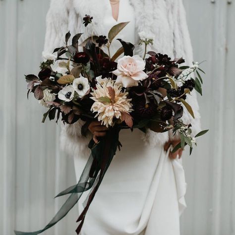 20 Gorgeous Dark & Moody Bouquets We're Loving! | One Fab Day | OneFabDay.com Ireland Moody Wedding Flowers, Burgundy Bouquet, Dahlia Tubers, Dark Wedding, Dark Flowers, Moody Wedding, Halloween Wedding, Head Start, Purple Wedding