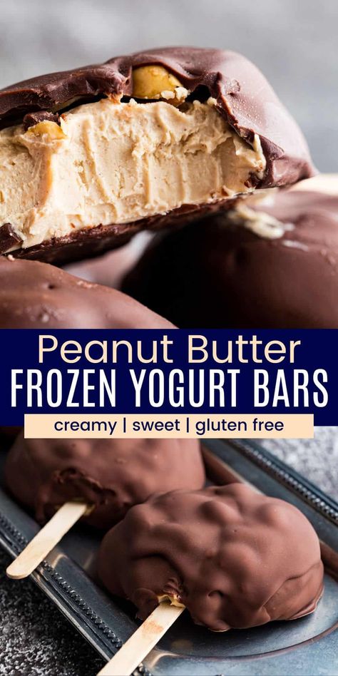 Peanut Butter Chocolate Healthy, Healthy Filling Desserts, Easy Clean Desserts, Chocolate Peanut Butter Snacks, Healthy Dessert Bites, What To Eat Peanut Butter With, Sweets For Dieting, Greek Yogurt Cheesecake Bars, Frozen Greek Yogurt Peanut Butter Popsicles