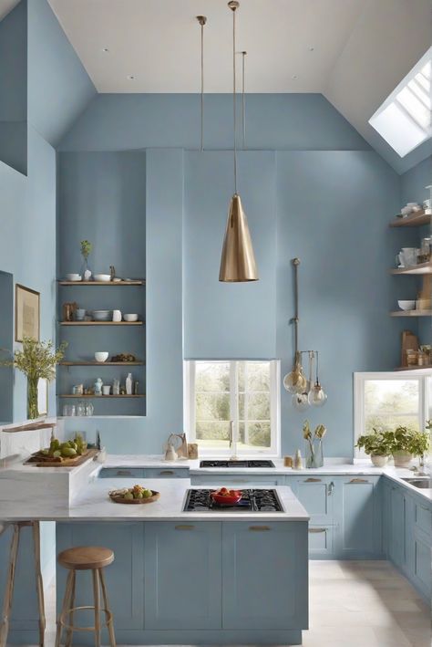 Languid Blue, Calm Kitchen Colors, Soft Blue Kitchen Walls, Languid Blue Sherwin Williams, Sherwin Williams Windy Blue Kitchen, Kitchen Blue Walls, Sherwin Williams Languid Blue, Periwinkle Kitchen Walls, Popular Sherwin Williams Blue