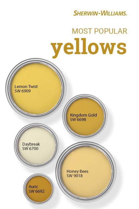 Have you ever wondered which Sherwin-Williams yellow paint colors are the very best sellers? These beautiful hues all make the list. Tap this pin to find the right color for your next DIY painting project. #sherwinwilliams #asksherwinwilliams #paintinspiration #paint #diy #yellow #yellowpaint Mustard Yellow Paint Colors, Mustard Yellow Paints, Bold Paint Colors, Yellow Paint Colors, Paint Color Inspiration, Sherwin Williams Colors, Yellow Paint, Bathroom Paint Colors, Sherwin Williams Paint Colors