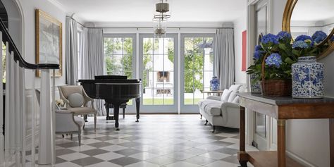 Piano In Foyer Entryway, Piano In Foyer, Mansion Hall, Hall Ways, Bel Air Mansion, Entryway Tile, Dining Room Blue, Wooden Floorboards, Foyer Entryway