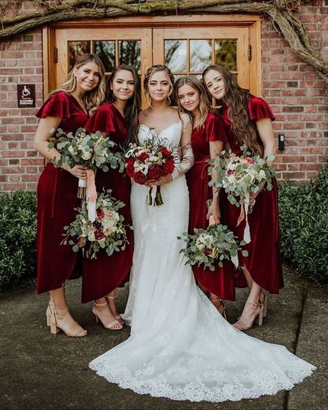 Velvet bridesmaid dresses - winter bridesmaid dresses - red bridesmaid dresses {Dima Feytser} Cheap Bridesmaid Dresses Online, Winter Bridesmaids, Tea Length Bridesmaid Dresses, Winter Bridesmaid Dresses, Red Mermaid, Burgundy Bridesmaid, Wedding Dress Guide, Boda Mexicana, Red Bridesmaids