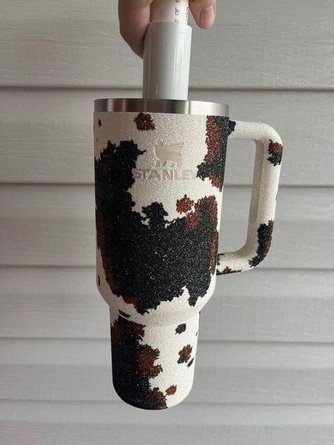 Cow Print Glitter Tumbler, Epoxy Stanley Cup, Glitter Stanley Cup, Custom Stanley Cup, Stanley Cup Designs, Cow Tumbler Cup, Highland Cow Cupcakes, Cow Hide Tumbler, Stanley Ideas