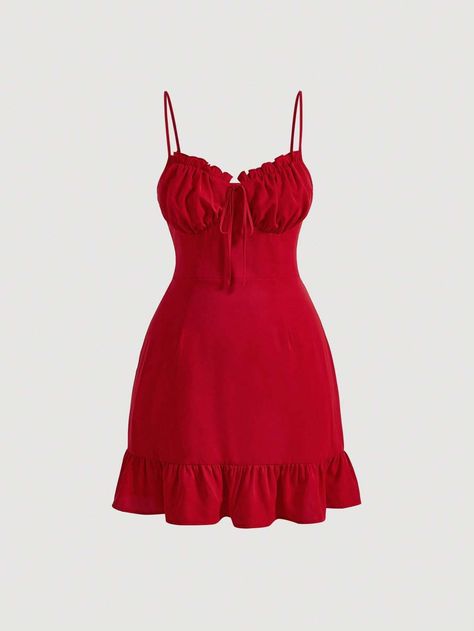 SHEIN MOD Plus Frill Trim Ruched Bust Ruffle Hem Cami Dress | SHEIN USA Red Party Dress Short, Red Cami, Aesthetic Dress, Valentines Day Dresses, Red Dress Short, Modest Fashion Outfits, Cute Everyday Outfits, Clothing Hacks, Cami Dress