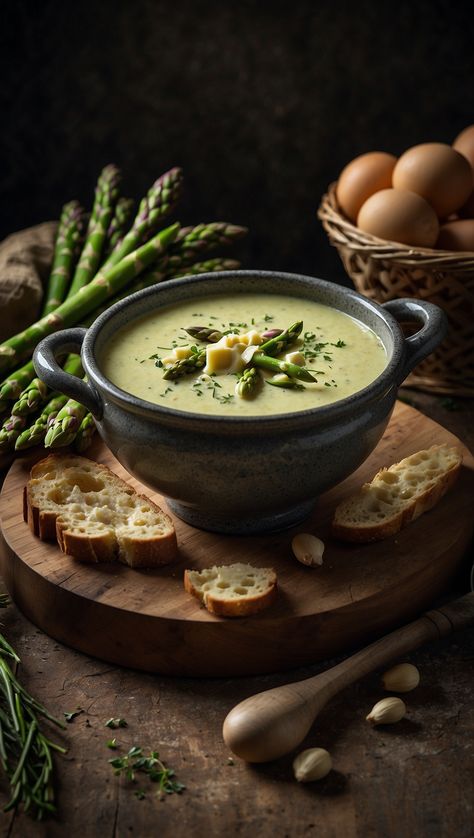 A bowl of creamy asparagus soup garnished with fresh asparagus and served with slices of bread on a wooden board, surrounded by fresh asparagus spears and ingredients. Soup Gourmet, Soup Photography, Cream Of Asparagus, Christmas Food Photography, Gourmet Soup, Cream Of Asparagus Soup, Asparagus Soup, Gourmet Dinner, Fresh Asparagus