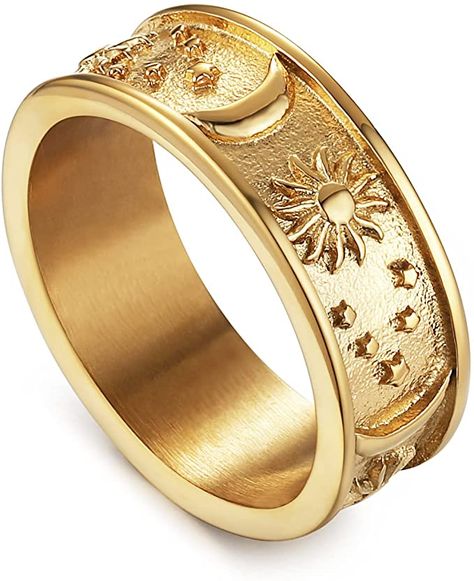 HZMAN 8mm Moon Star Sun Statement Ring Stainless Steel Boho Jewelry for Women Men (Gold, 10)|Amazon.com Star Couple, Rings Star, Bohemian Style Men, Rose Gold Rings, Sun Design, Men Rings, Sun Moon Stars, Sun Designs, Matching Ring