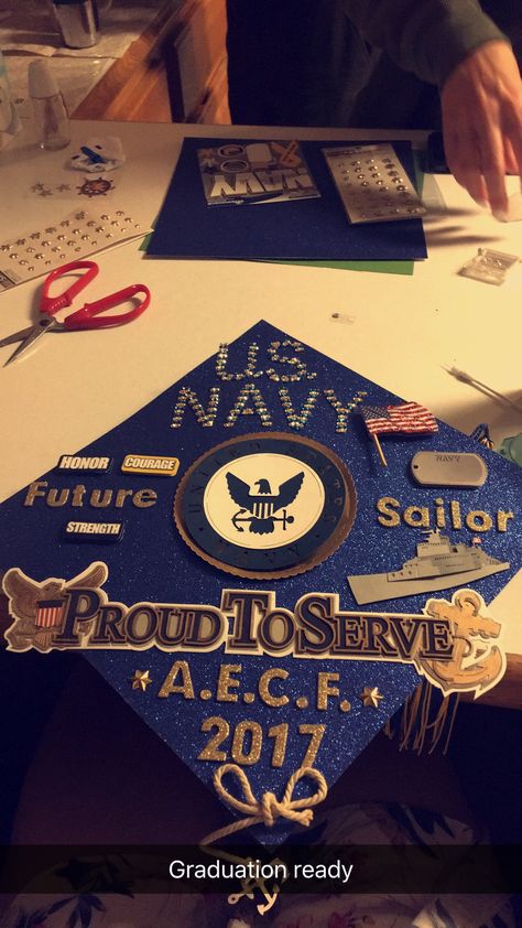 U.S. Navy decorated graduation cap. Real Swarovski crystals. Will make any custom cap you want  #navy #graduationcap #awesome #customcap Navy Graduation Cap, Senior Caps, Potential Quotes, Graduation Diy Decorations, High School Graduation Quotes, Navy Graduation, Deployment Party, Graduation Goals, Caps Ideas