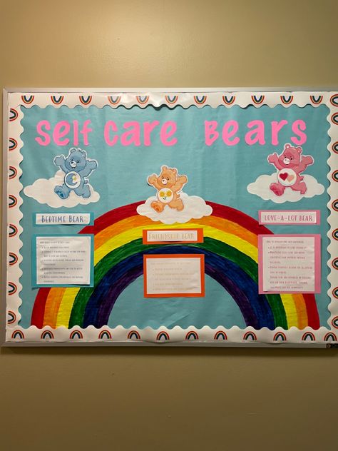 Wellness Center Bulletin Board, Self Care Bulletin Board Ideas, Ra Welcome Back Bulletin Boards College, Ra Programs College, Ra Where Am I Board Ideas, Self Care Bear Bulletin Board, Care Bear Classroom Theme, Ra Board Ideas Ra Bulletins, College Dorm Hall Themes