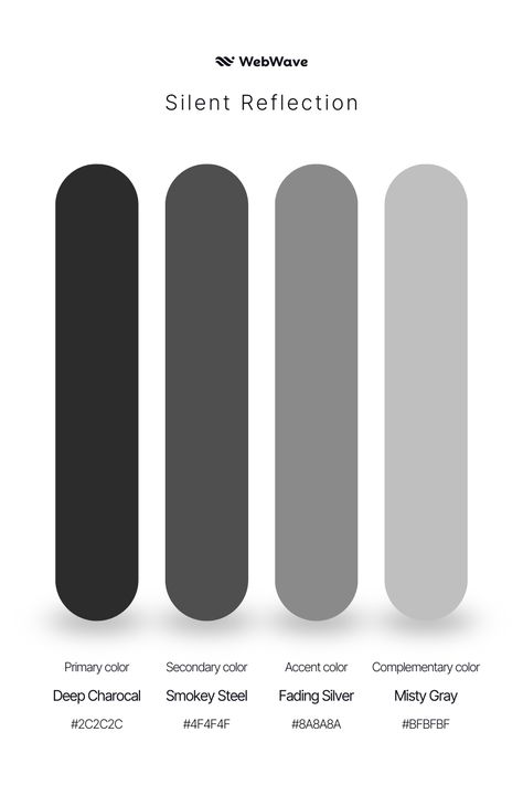 Gray Colour Pallete, Grey Logo Design, Charcoal Grey Colour Palette, Gray Website Design, Silver And Black Color Palette, Charcoal Color Combination, Dark Grey Colour Combination, Steel Grey Color Palette, Gunmetal Color Palette