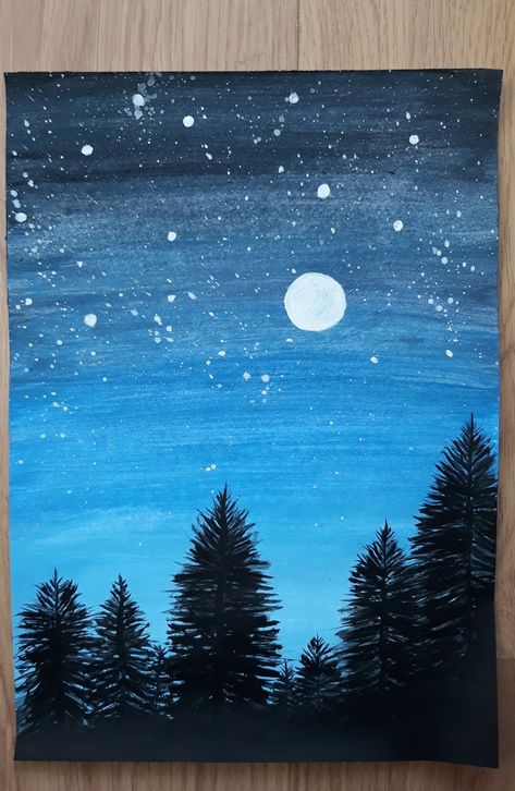 Acrylic painting of the night sky above the forest. Canvas Acrilyc Painting, Night Canvas Painting Moonlight, Midnight Acrylic Painting, Landscape Night Painting, Forest Night Sky Painting, Night Time Tree Painting, Acrylic Painting Night Sky Moonlight, Silhouette Tree Painting, Night Sky With Trees Painting